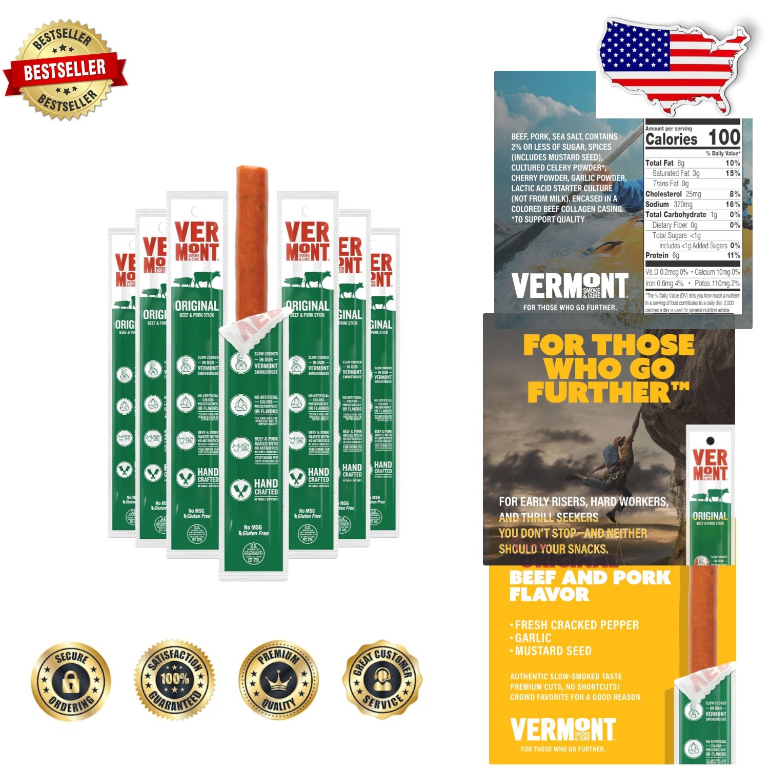 Gluten-Free Beef Pork Meat Sticks, 24 Count, Individually Wrapped, Bold Flavor
