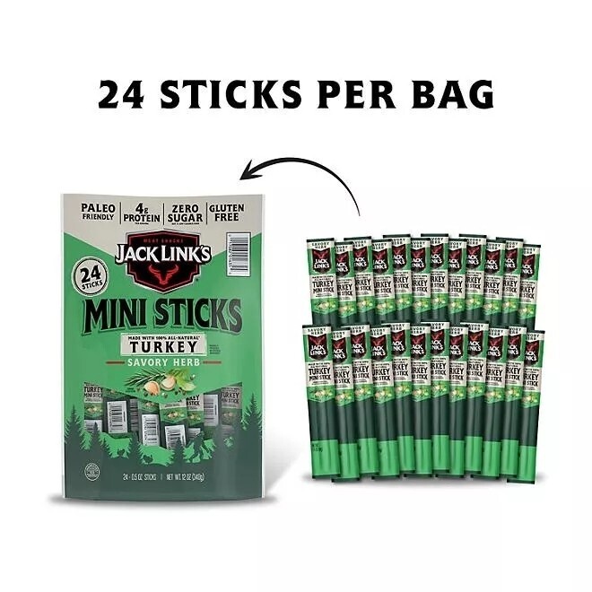 Jack Link’s Mini Turkey Sticks, Savory Herb Flavor, 12 Ounce, 24-Stick Pack