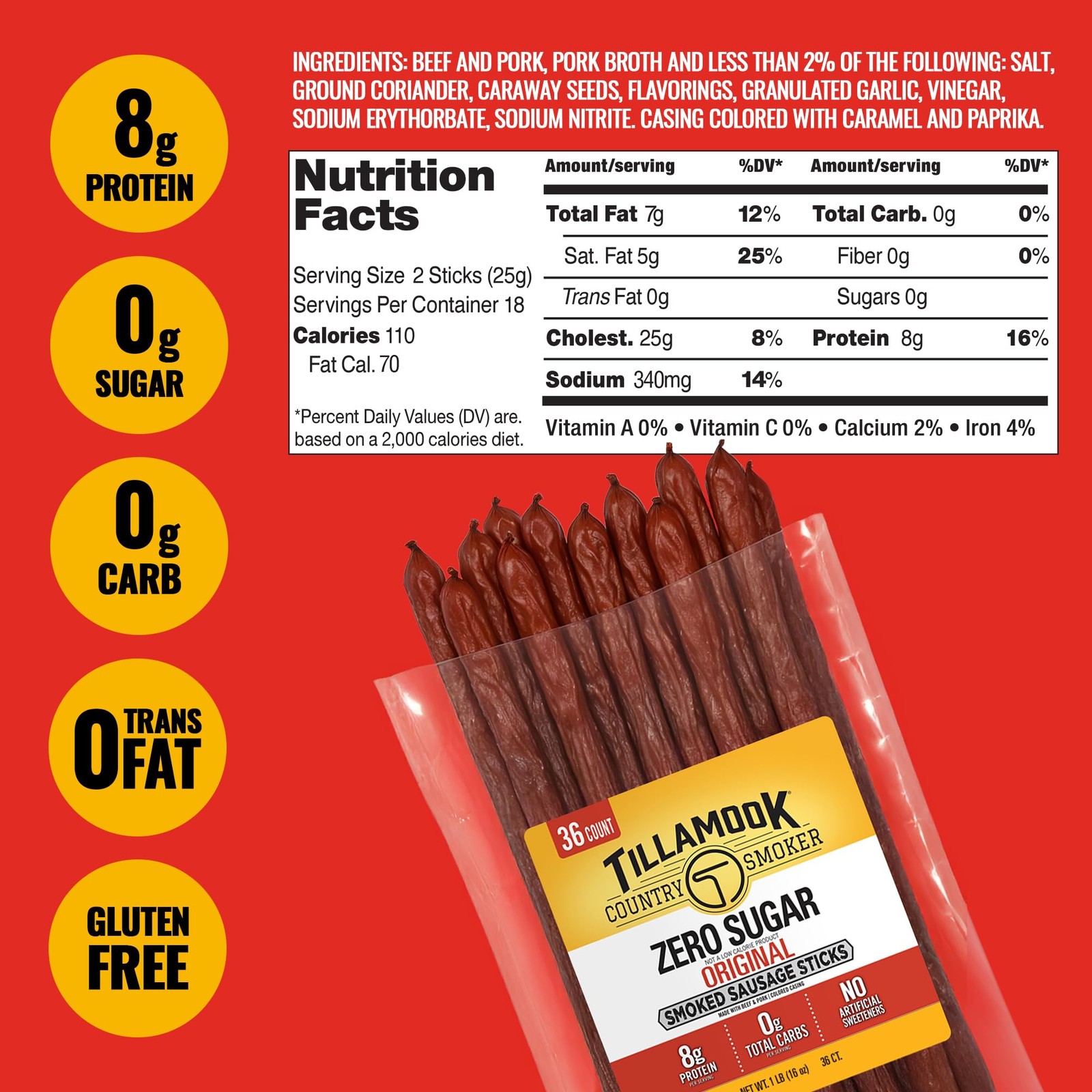 Tillamook Country Smoker Smoked Sausage, Zero Sugar, 16 Ounce (Pack of 1)