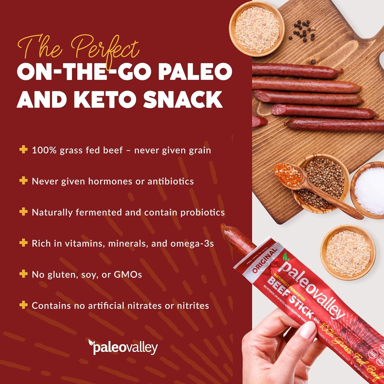 Paleovalley 100% Grass Fed Original Beef Sticks – 1 Ounce (Pack of 10)