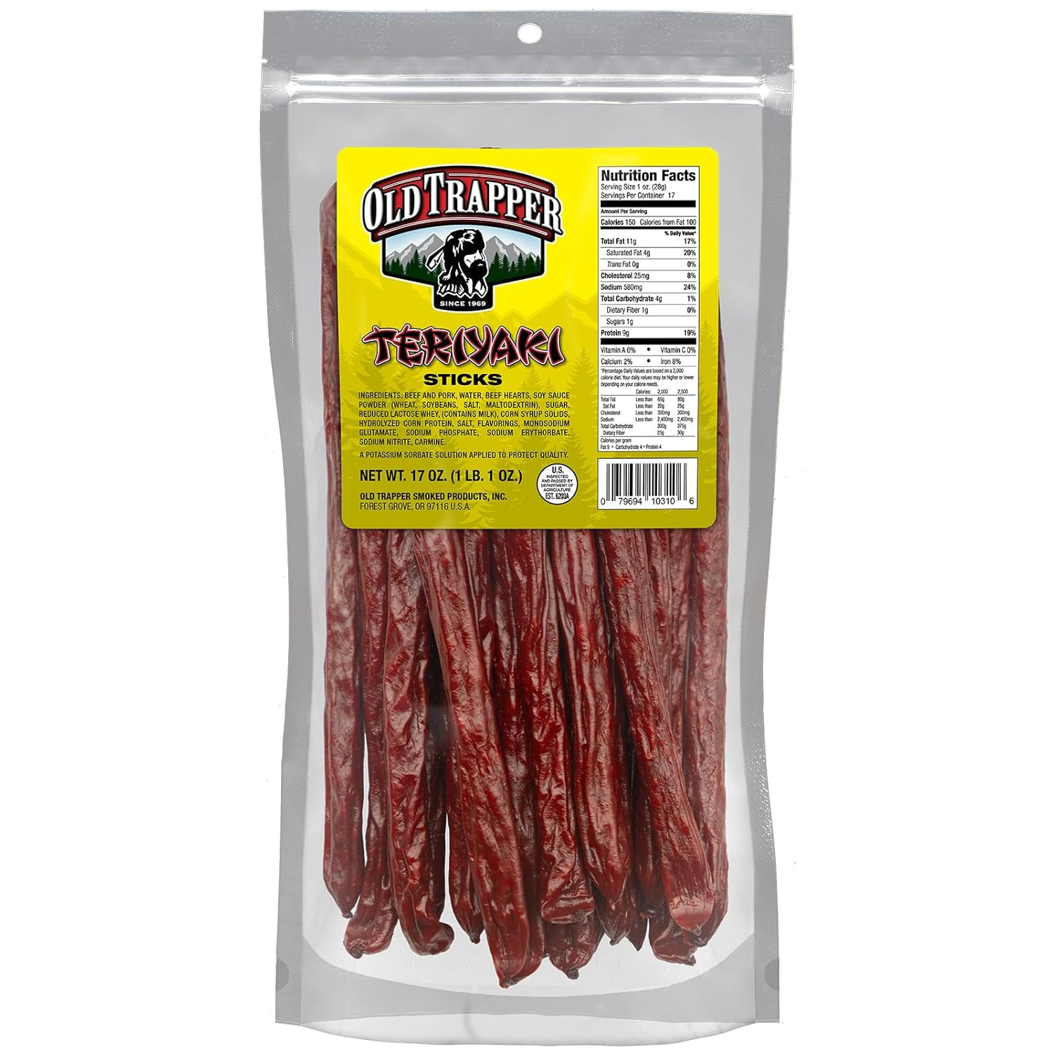 Teriyaki Snack Sticks, 17-Ounce Resealable Bag, Natural Wood Smoked Meat Sticks,