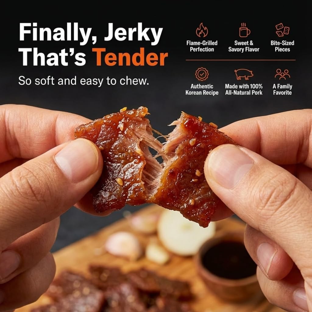 Pork Jerky Korean BBQ Flavored, Specialty Meat Snack, Gluten Free with Korean Ba