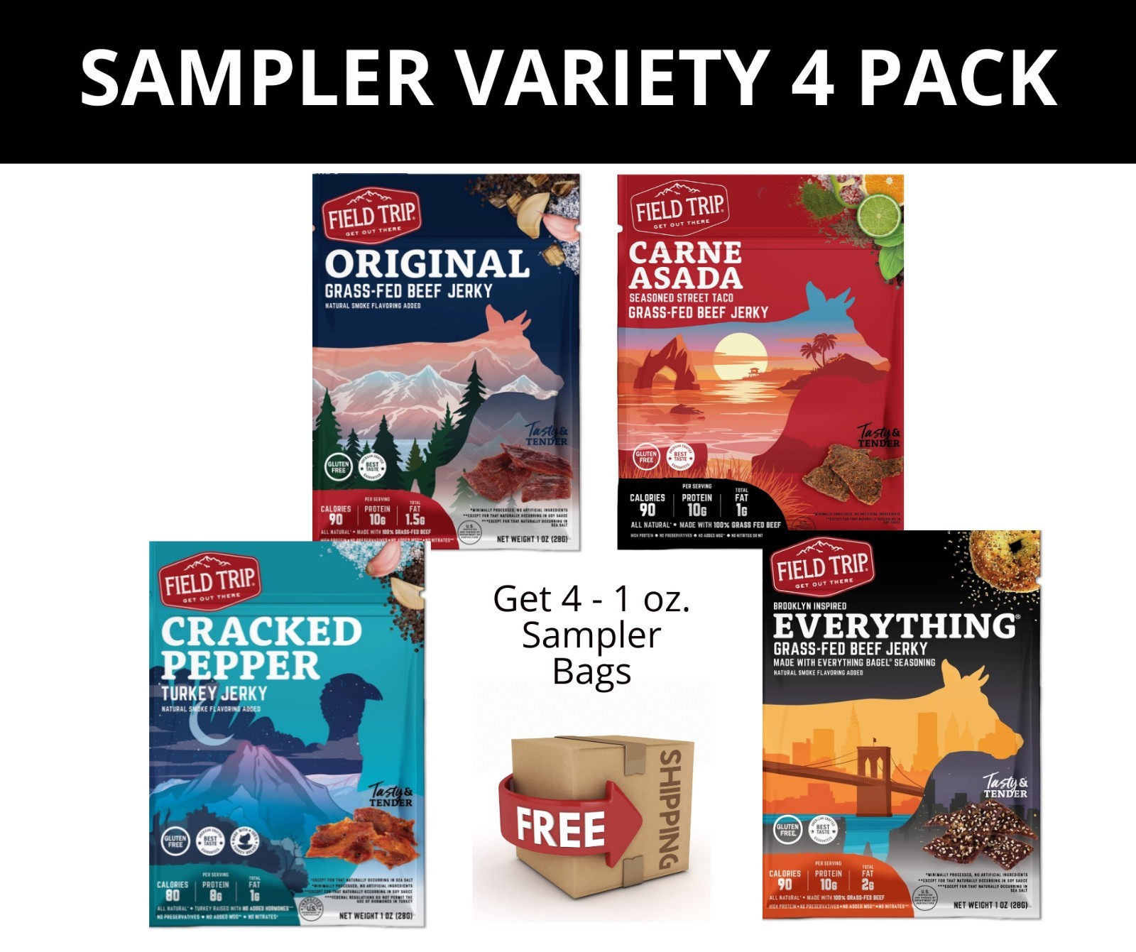 FIELD TRIP SAMPLER VARIETY LOT Grass Fed Beef Jerky Protein our Gehrke Shop