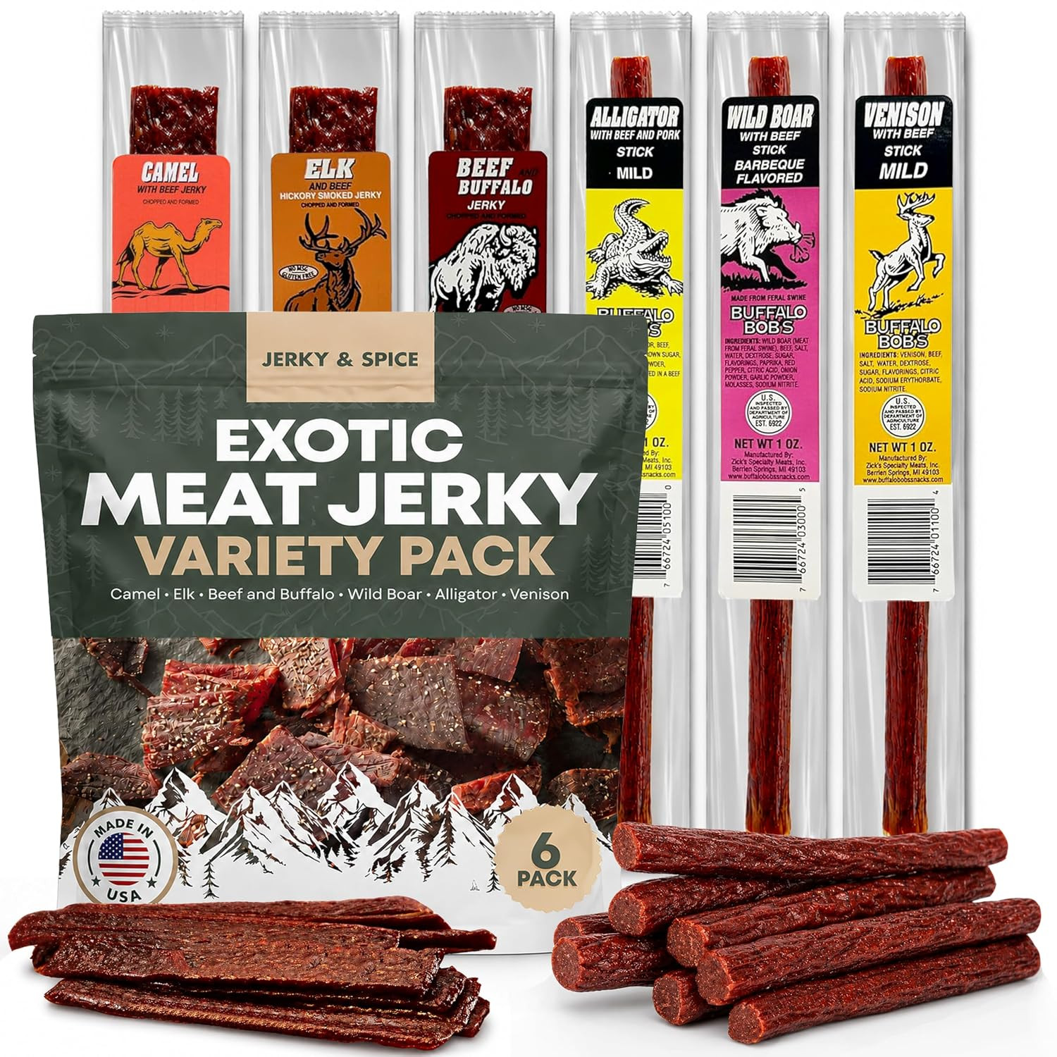 Buffalo Bob’s Exotic Meat Jerky Variety Pack 6 Wild Game Snack Sticks Gift Box..