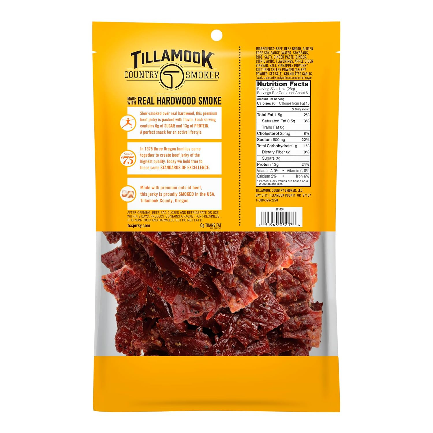 Tillamook Country Smoker Keto Friendly Zero Sugar Beef Jerky, Teriyaki, 6.5 Ounc