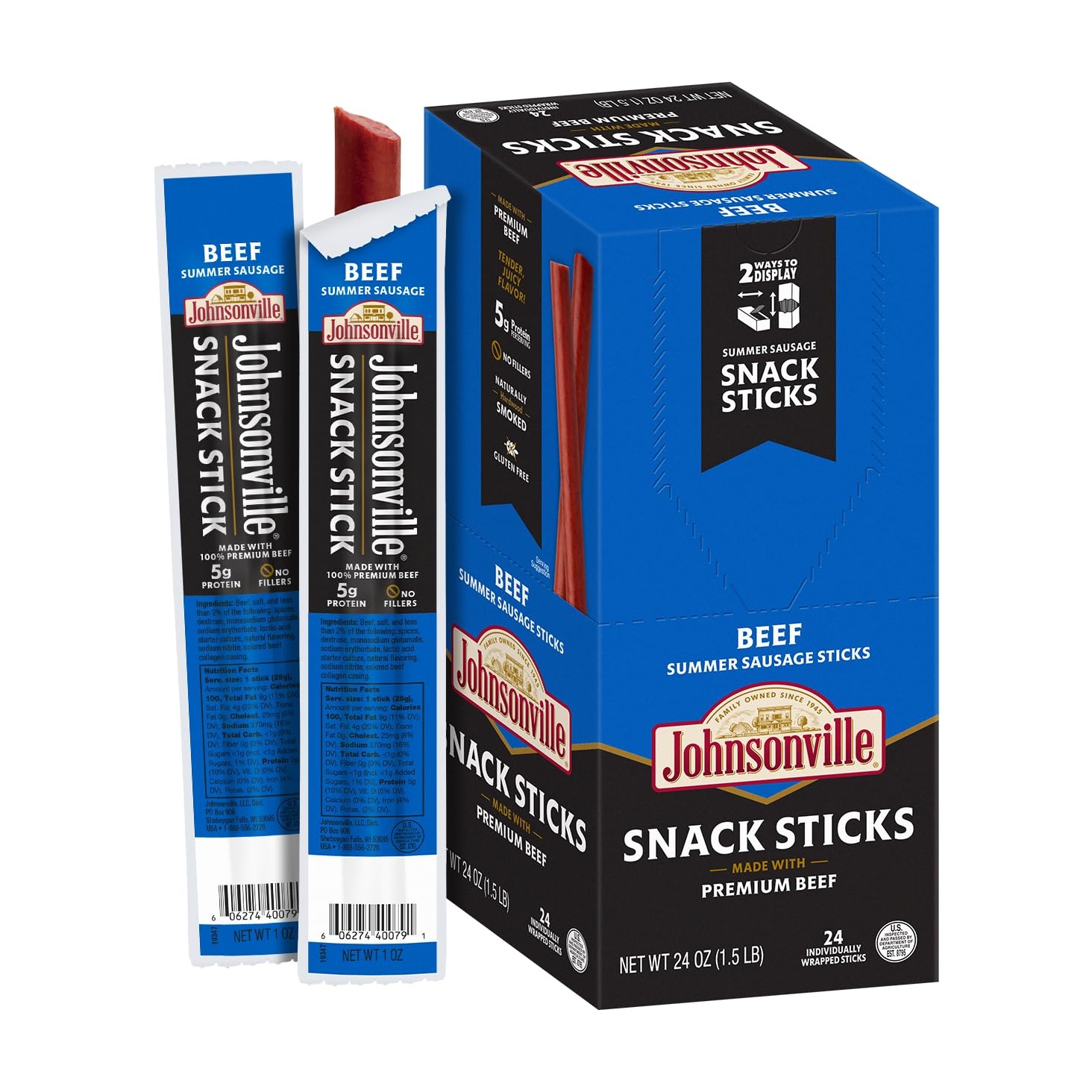 Summer Sausage Snack Sticks Beef 1 oz. 24-Pack Gluten Free Protein Jerky
