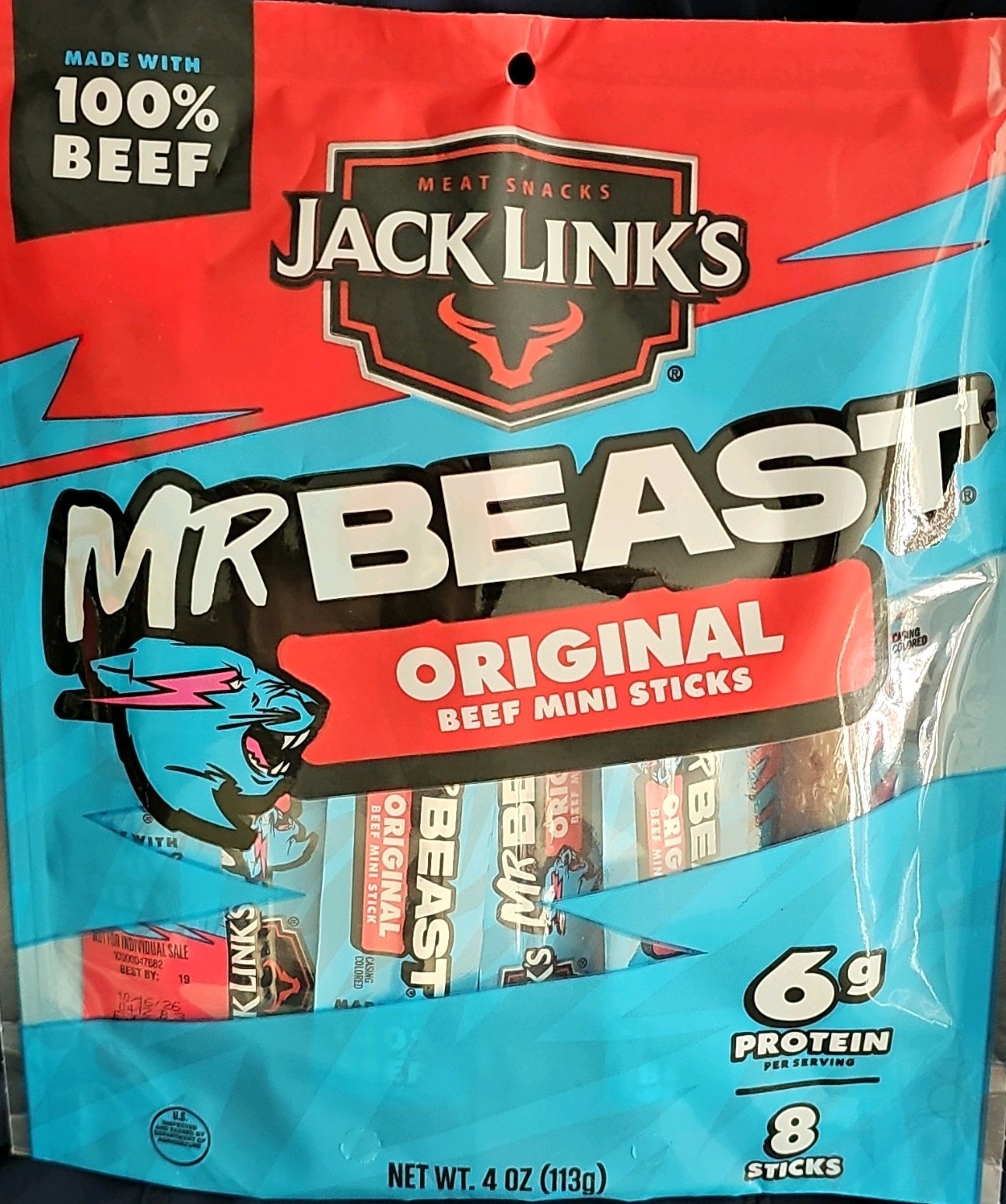 Jack Link’s MRBEAST Original Beef Mini Sticks 4 oz (113g) 8 Pack No MSG
