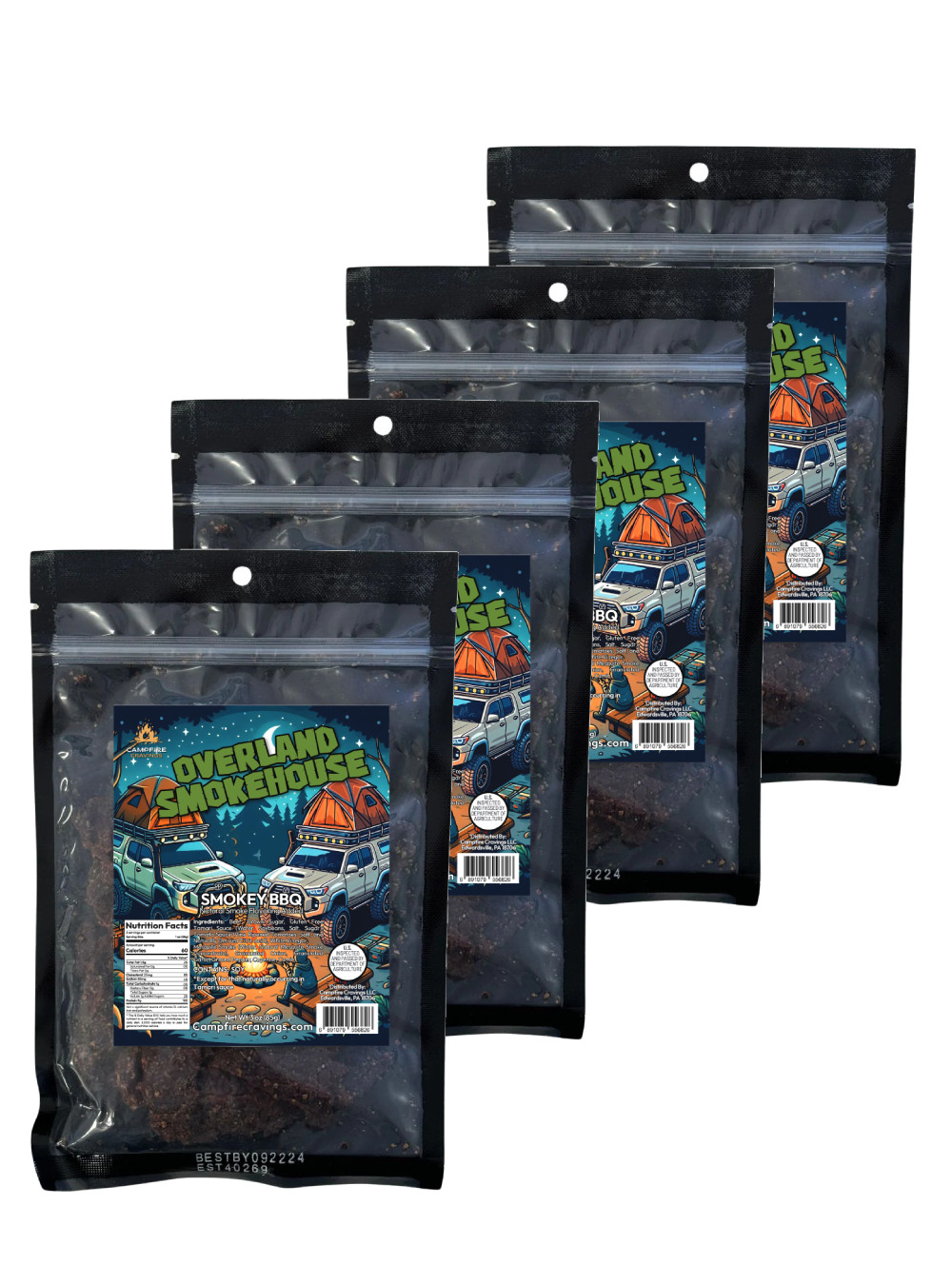 Overland Smokehouse Beef Jerky 4-Pack – Smokey BBQ, Bold Flavor – High-Protein