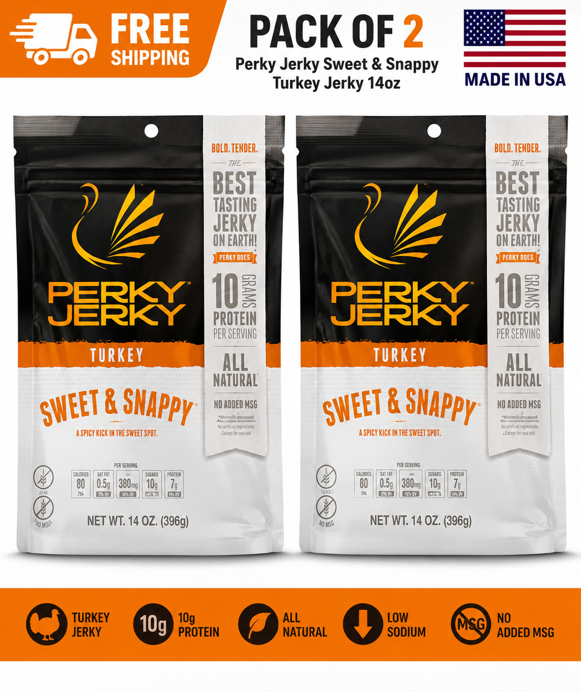 Perky Jerky Sweet and Snappy Turkey Jerky, 14oz – Low Sodium – 10g PACK 2