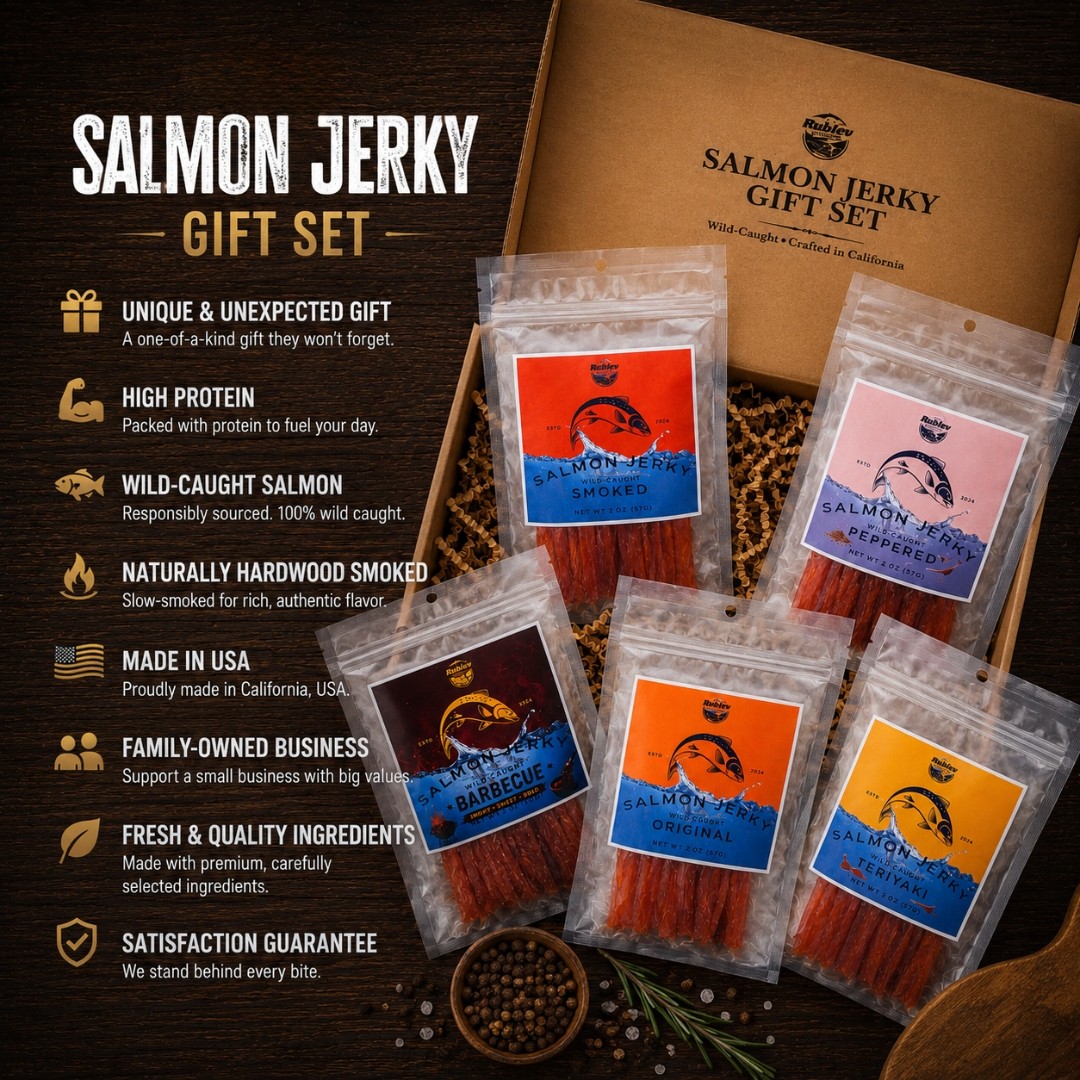 Rublev Wild Caught Salmon Jerky Gift Set Variety Sampler – 5 2 oz. Bags in Box