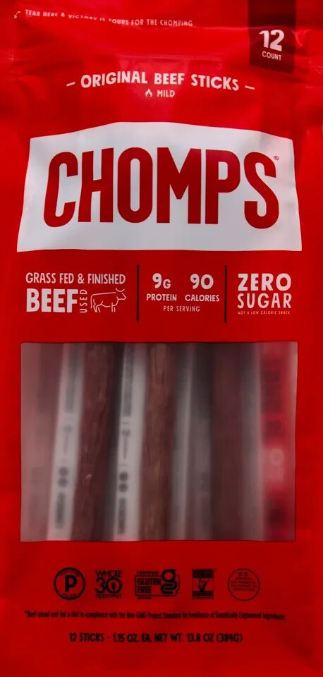 Chomps Original Beef Sticks Mild Grass Fed Beef 13.8OZ, 12 Sticks