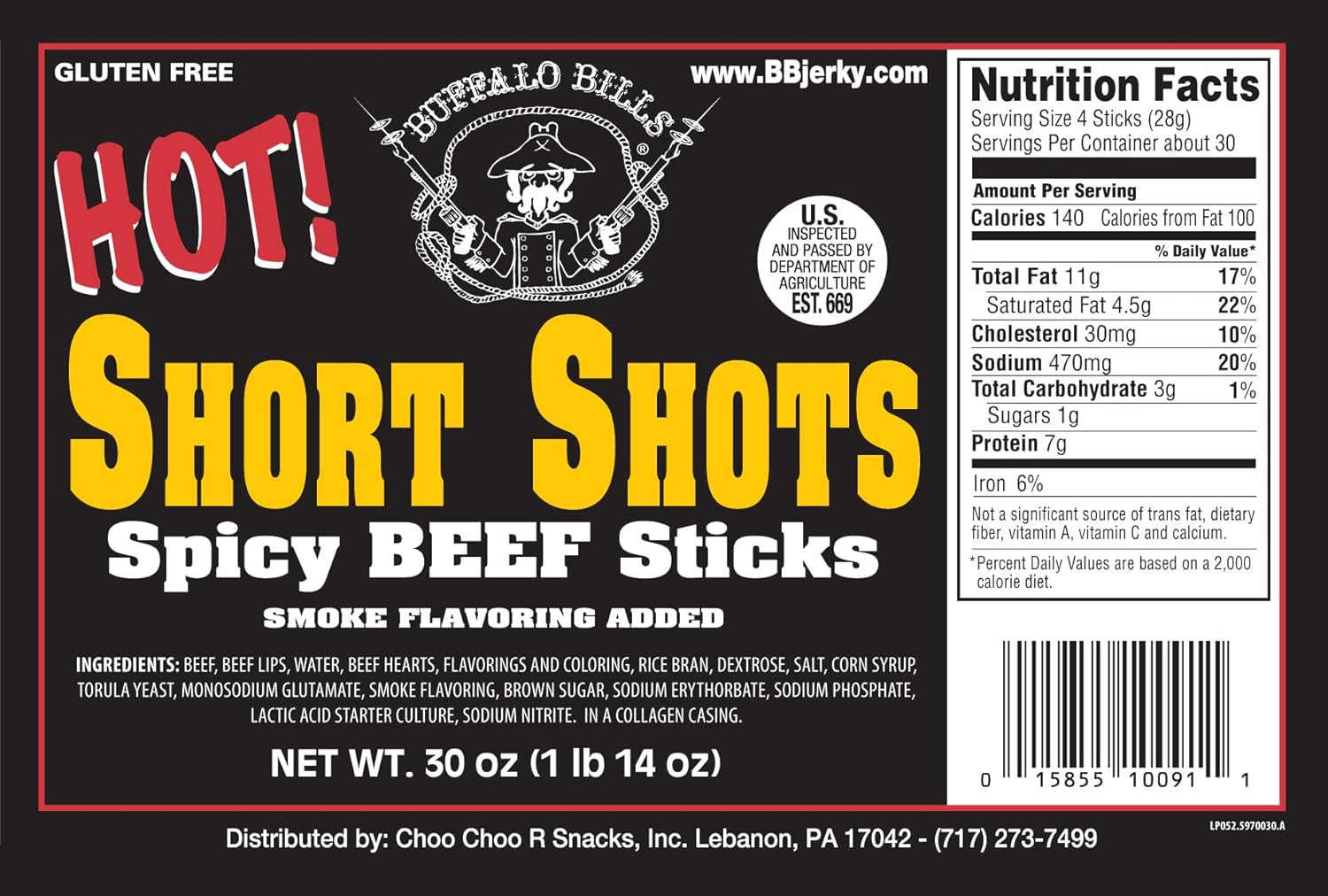 Hot Short Shots (120 Hot and Spicy 3.5” Beef Sticks per 30Oz Bag)