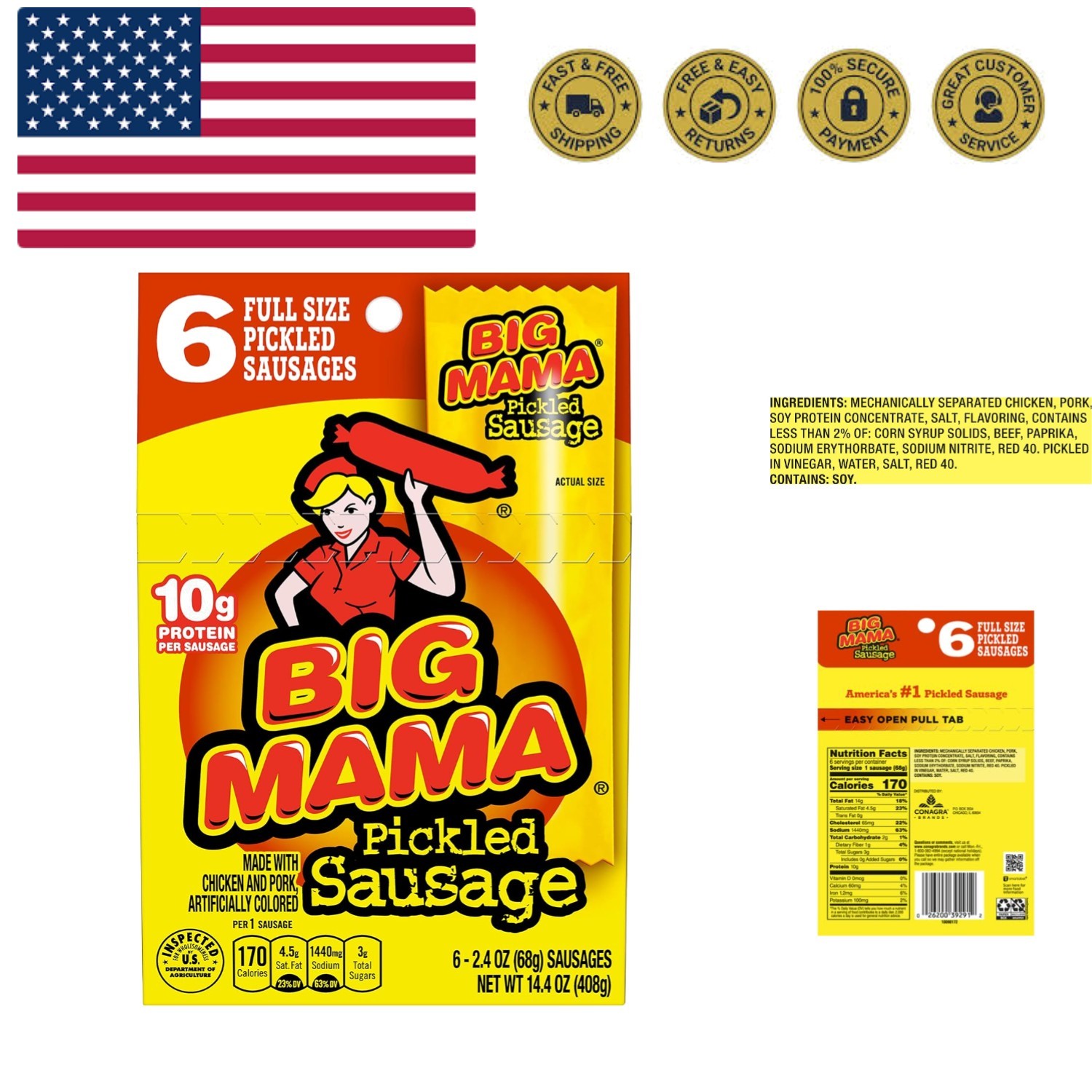Big Mama Pickled Sausages, 2.4 Ounce, 6 Pack