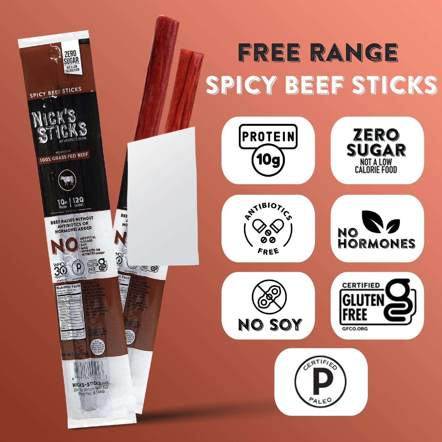 Nick’s Sticks Clean & Balanced 100% Grass-Fed Spicy Beef Snack Sticks | Made in