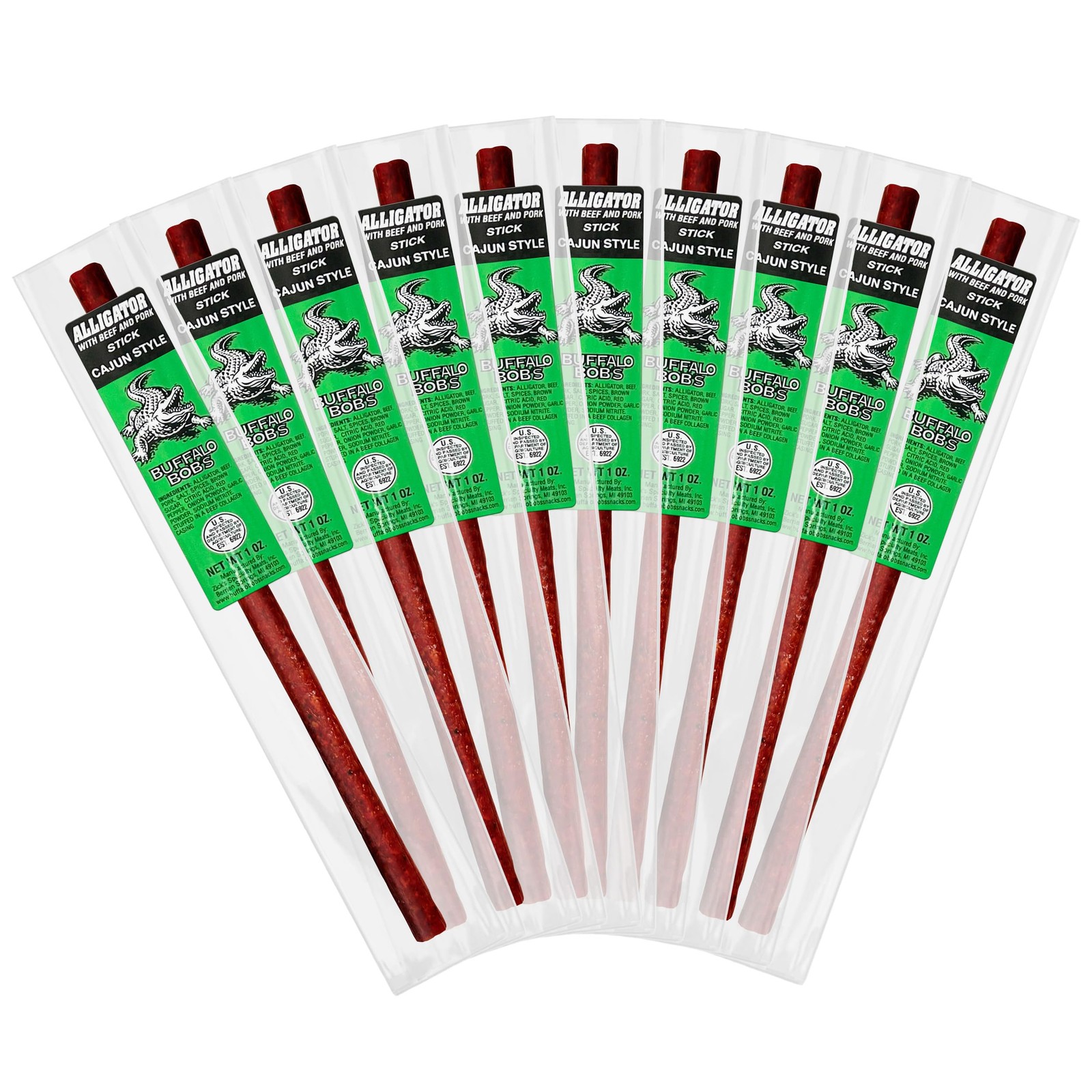 Buffalo Bobs Wild Game Meat Snack Stick – Alligator Cajun Stick 10 Pack