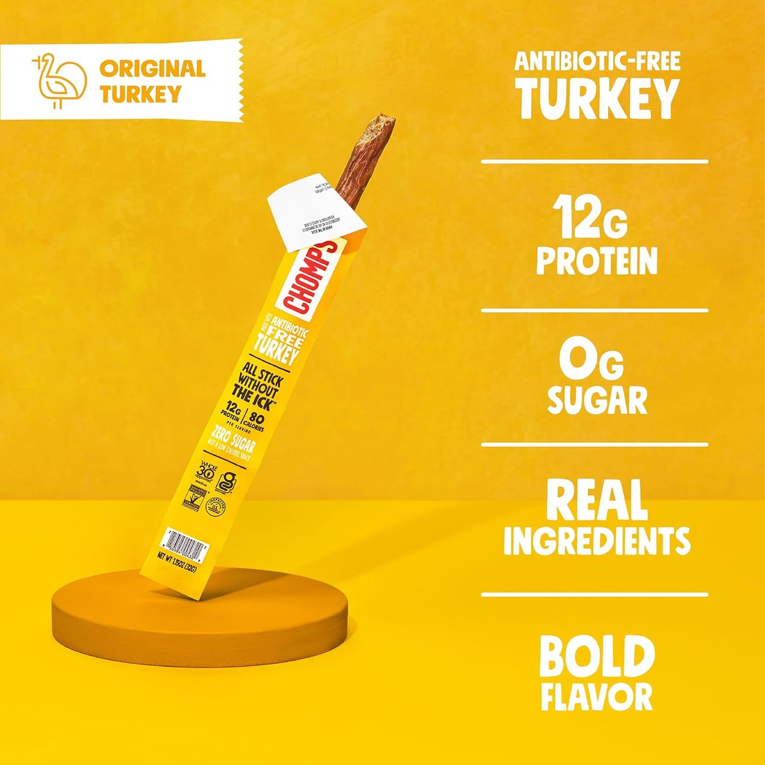 Chomps Original Turkey Jerky Snack Sticks 1.15 Ounce (Pack of 24), Yellow