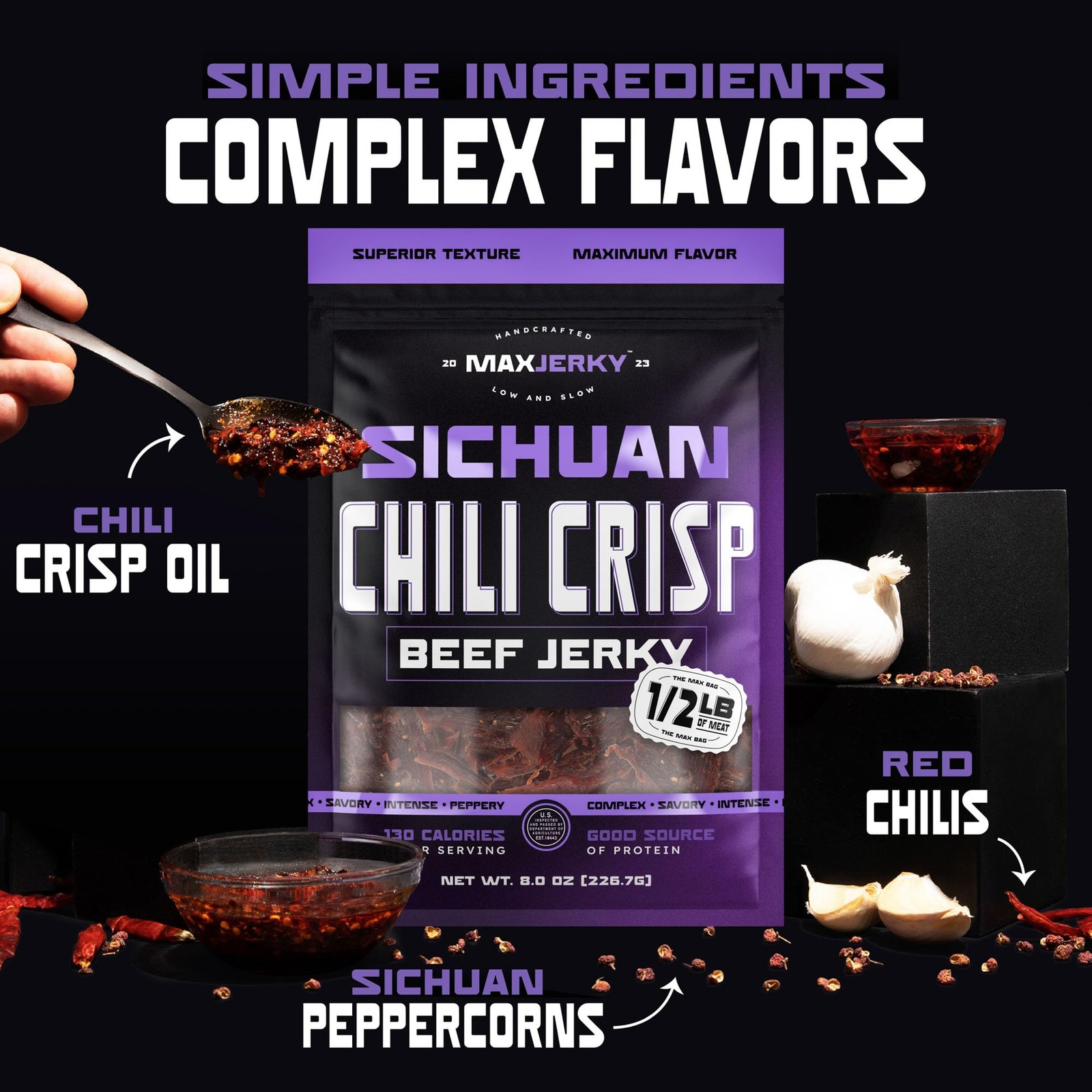 MaxJerky Sichuan Chili Crisp Beef Jerky, 104 Grams of Protein, 8 OZ 2 Pack