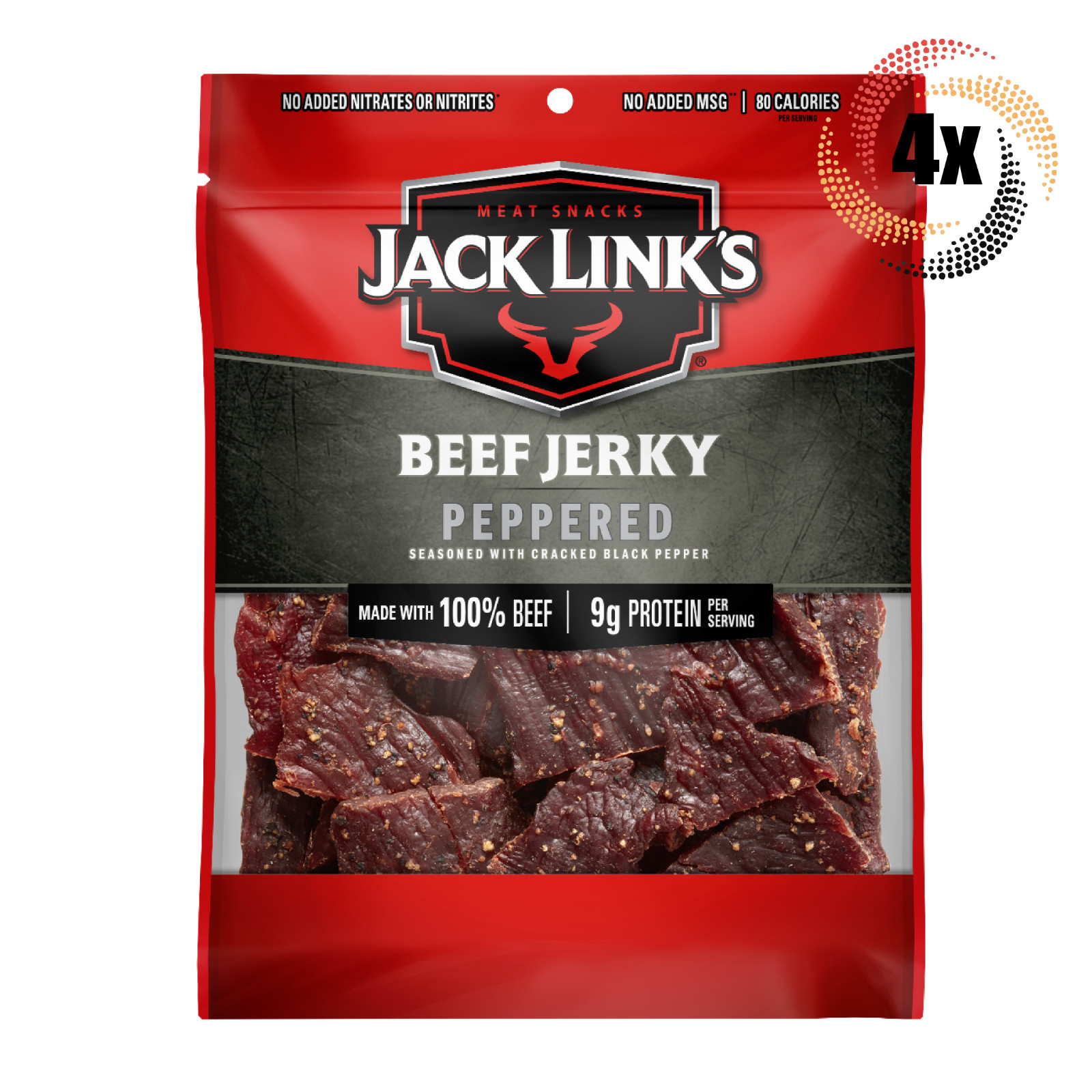 4x Bags Jack Link’s Peppered Beef Jerky | 3.25oz | 100% Beef | 9G Protein