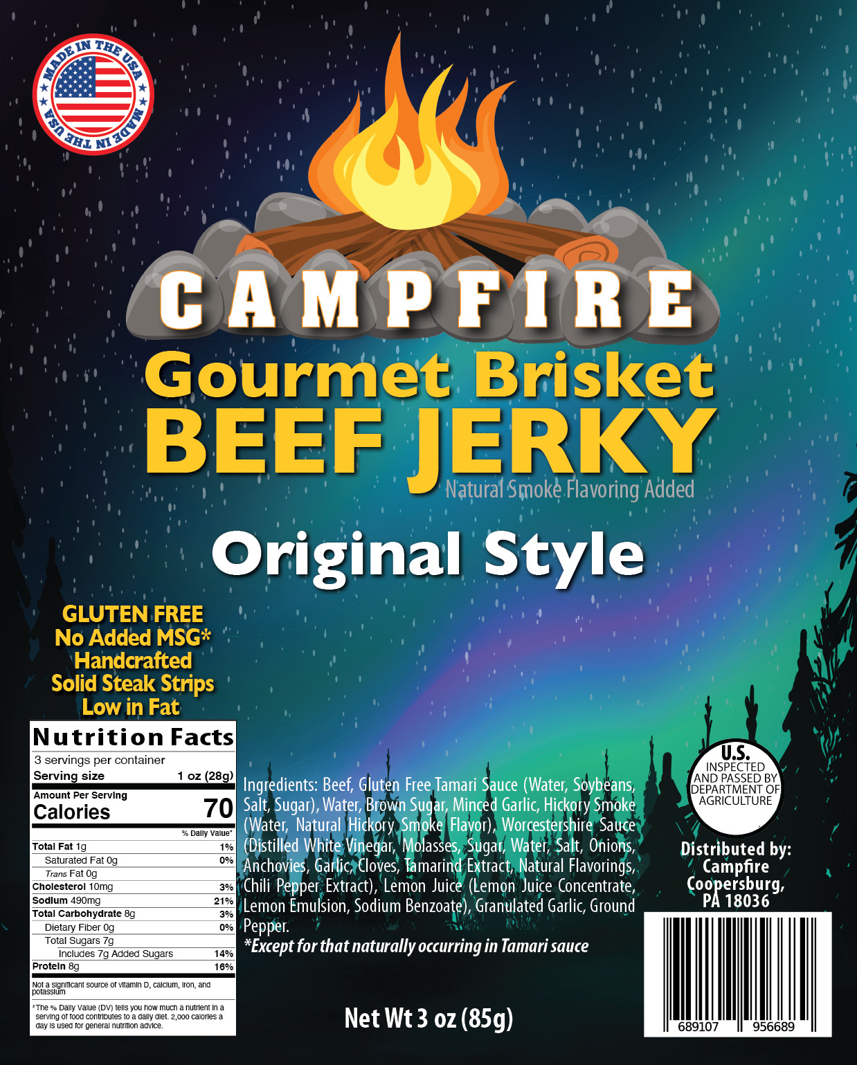 Campfire Jerky Original Style Beef Jerky, 3 oz bag, Pack of 3, FREE SHIPPING