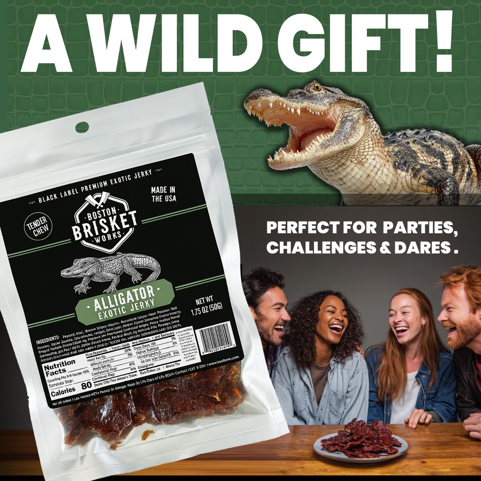 ALLIGATOR JERKY – Exotic Wild Game Snack – Made in the USA – Fast Shipping!