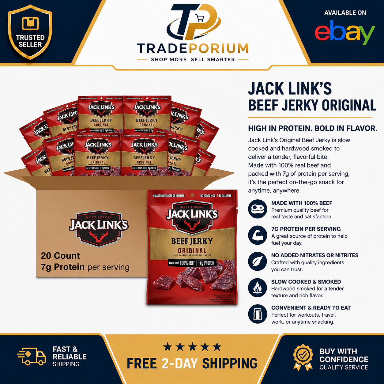 Jack Link’s Original Beef Jerky 20 Pack 0.625oz 7g Protein 100% Beef Snack NEW