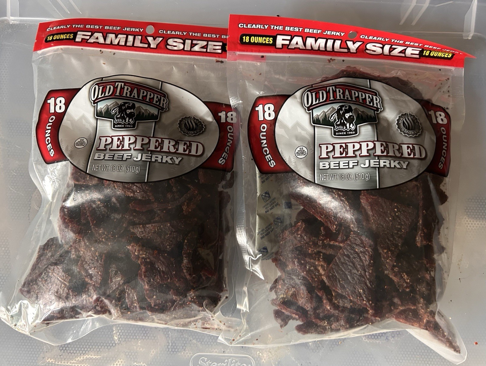 Lot Of [2] Old Trapper Peppered Beef Jerky 18oz, Family Size. Exp 08/26 & 09/26