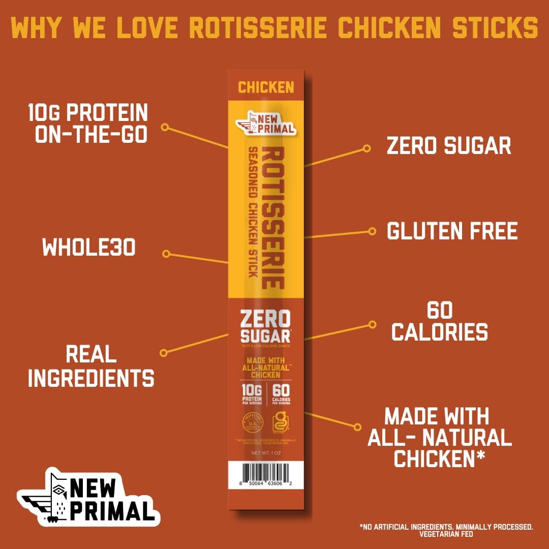 New Primal Rotisserie Chicken Sticks, Zero Sugar High 1 Ounce (Pack of 20)
