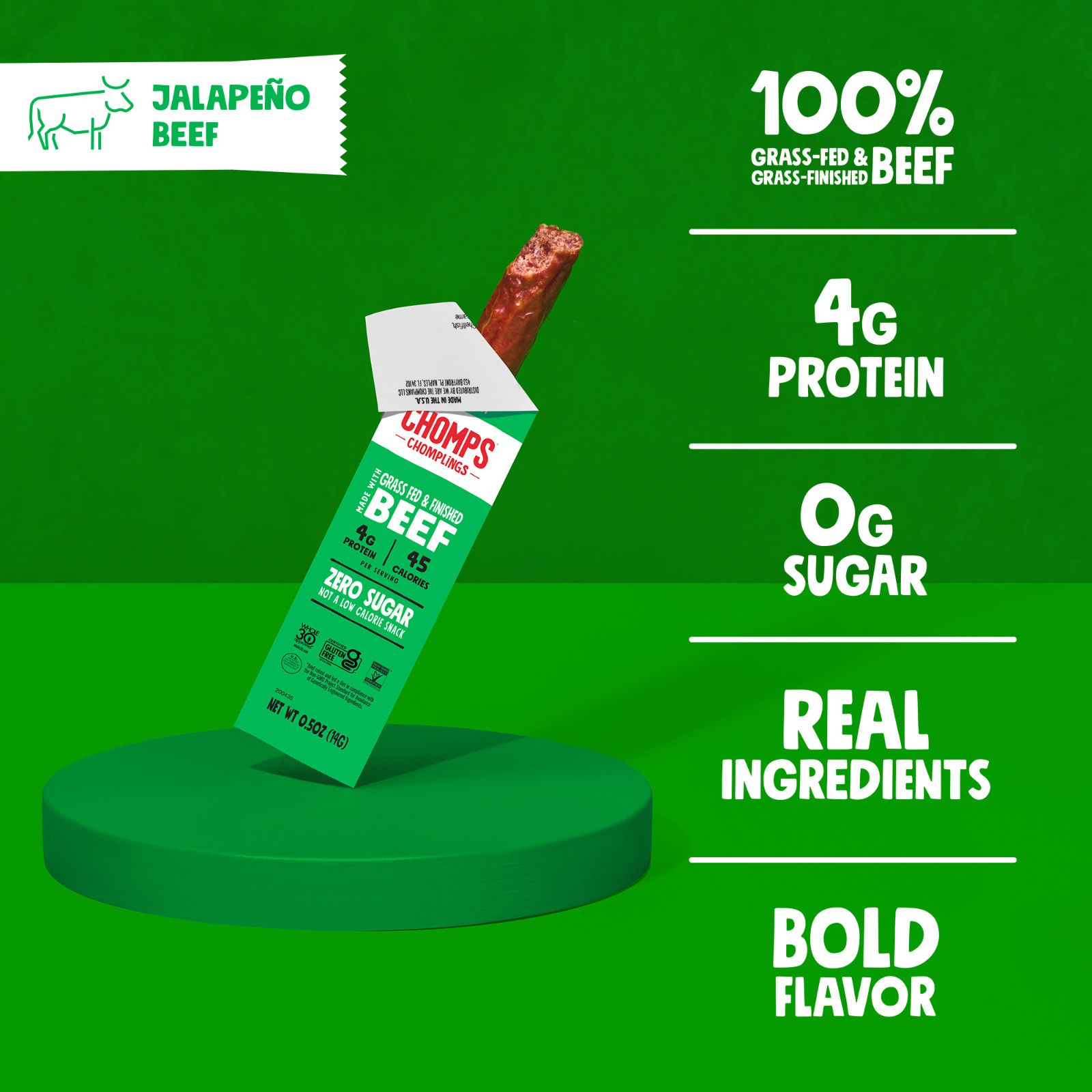 Chomplings Grass-Fed and Finished Jalapeno Beef Jerky Snack Sticks, 4g of Protei