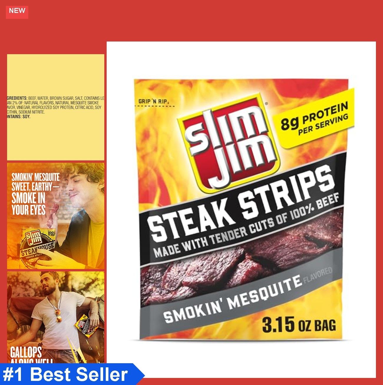 Beef Steak Strips Smokin Mesquite 3.15 oz Bag High Protein Low Carb Snack