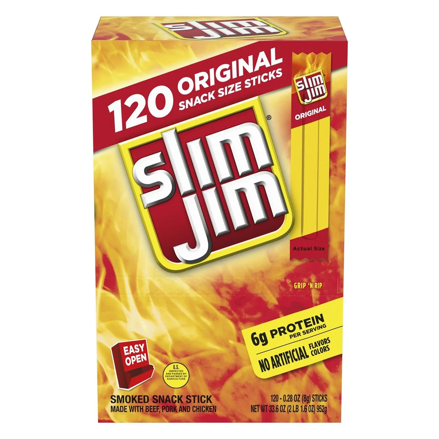 Slim Jim Original 0.28 oz 120 Pack | Bulk Beef Jerky Snack Sticks | Great Prize