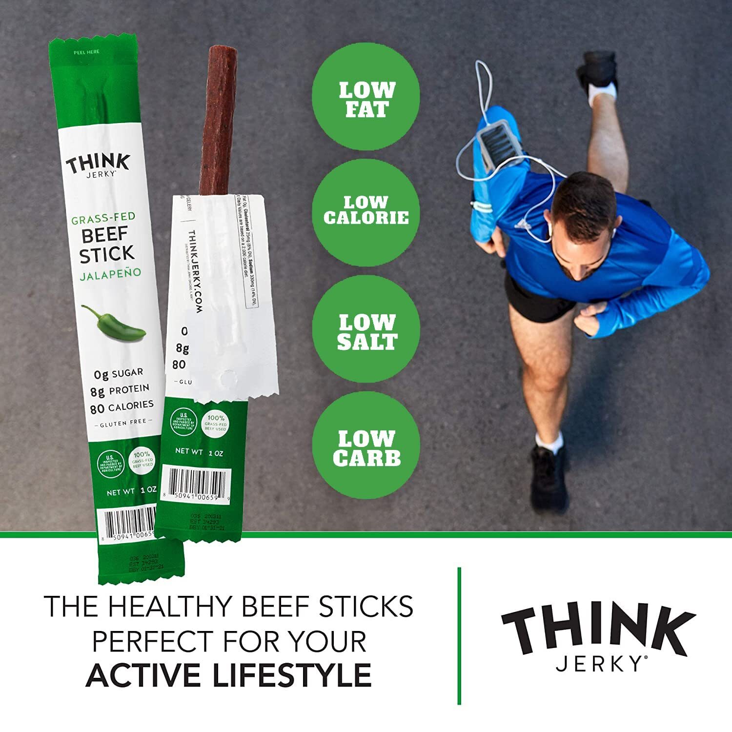 Think Jerky, Jalapeno Grass-Fed Beef Sticks (1.0 Ounce Sticks, Pack of 10