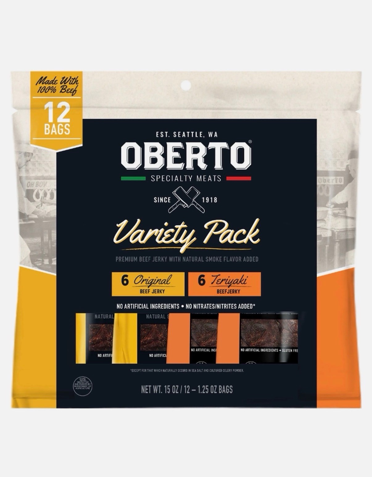 Oberto Premium Beef Jerky Variety Bag, Original & Teriyaki, 1.25 oz BB 12/26