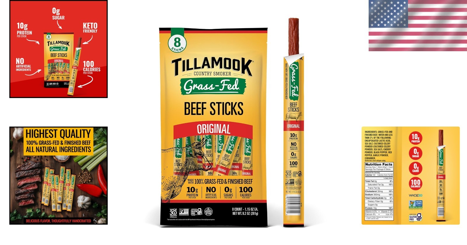 Keto-Friendly Grass Fed Beef Sticks, 0 Sugar, 10g Protein per Stick – 8-Pack