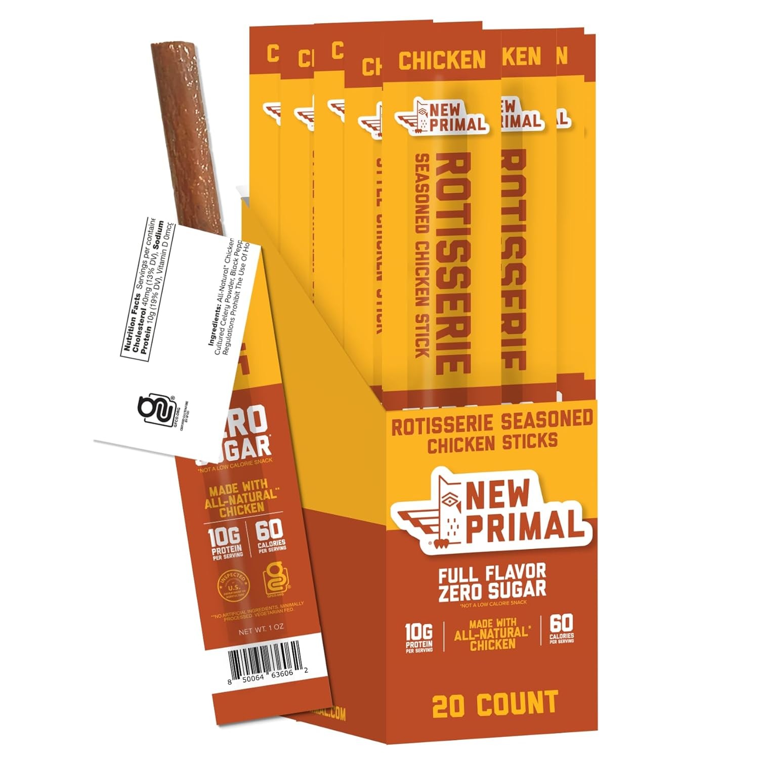 New Primal Rotisserie Chicken Sticks, Zero Sugar High 1 Ounce (Pack of 20)