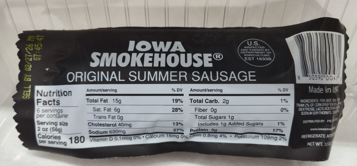 Iowa Smoke House Original Summer Sausage 12oz. USA EXP. 02/27/2026