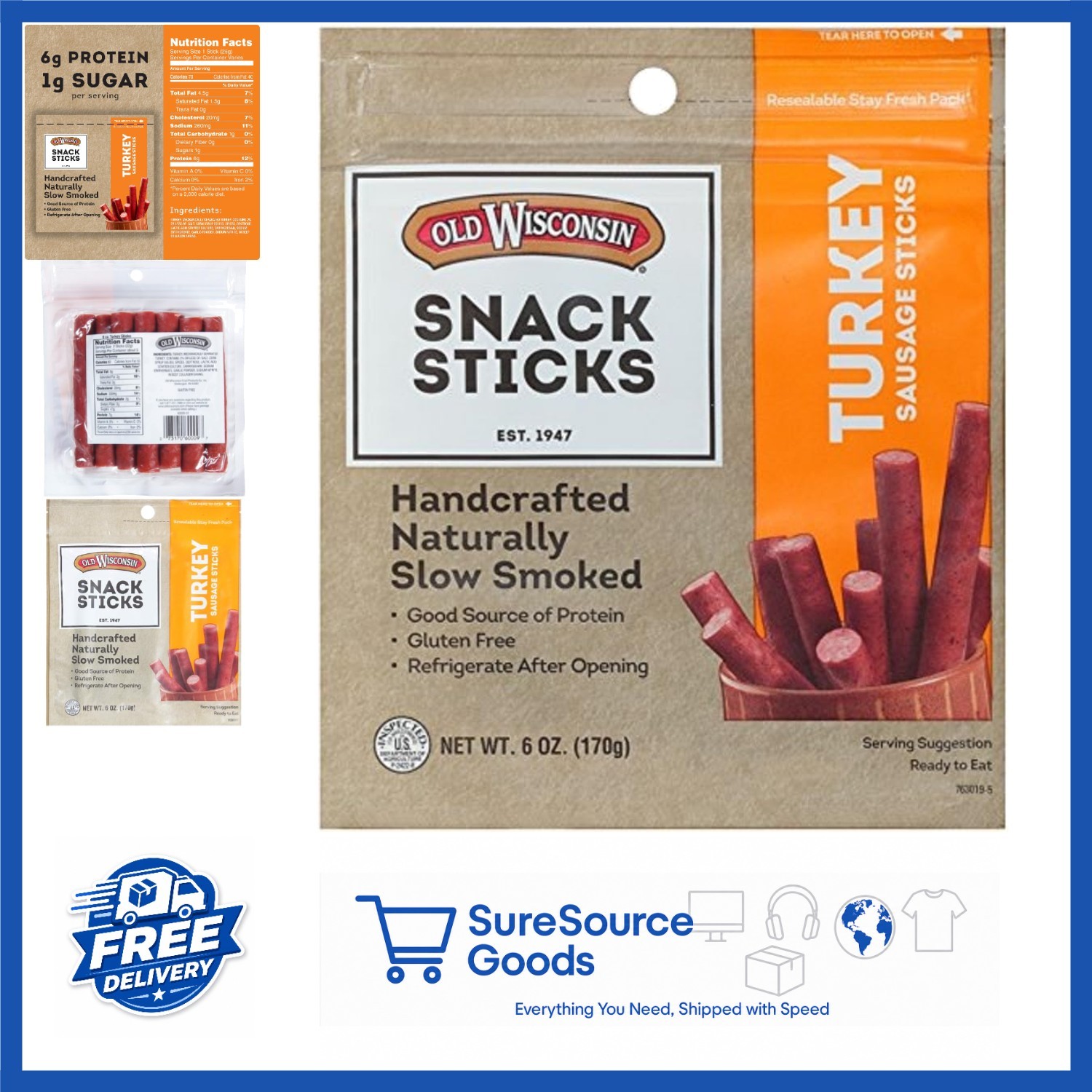 High Protein Turkey Sausage Snack Sticks 6 Ounce Gluten Free Resealable Bag