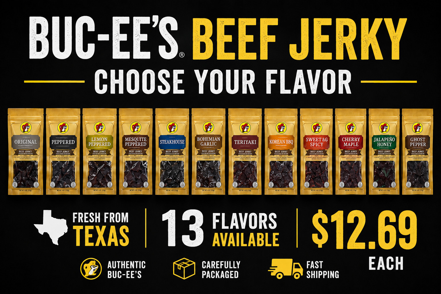 NEW Buc-ee’s Beef Jerky Variety Pack Choose Your Flavor Fresh Texas Jerky 4oz