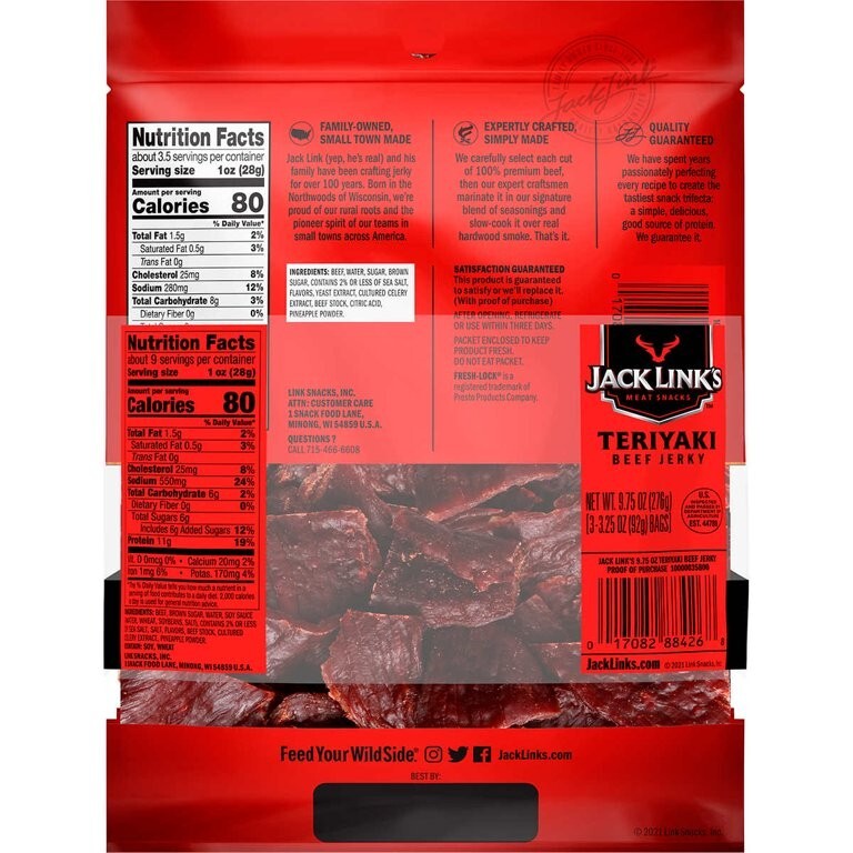 JACK LINK’S TERIYAKI BEEF JERKY 3.25OZ, 3 PACK X 3 = TOTAL 9 PACKS