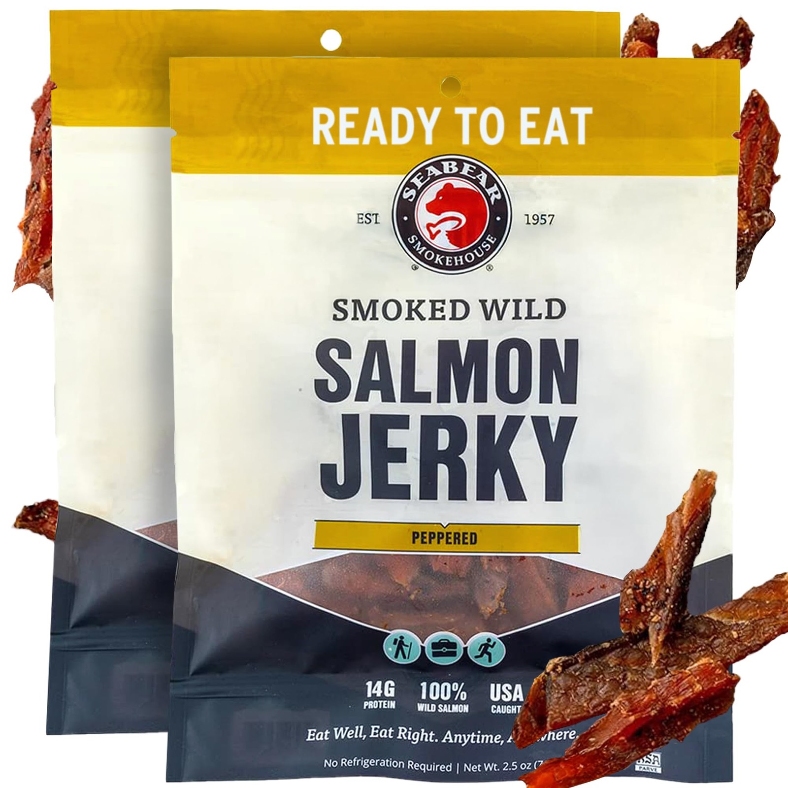 SeaBear Peppered Wild King Salmon Jerky 2-Pack Smoked Salmon Jerky, Wild-Caug…