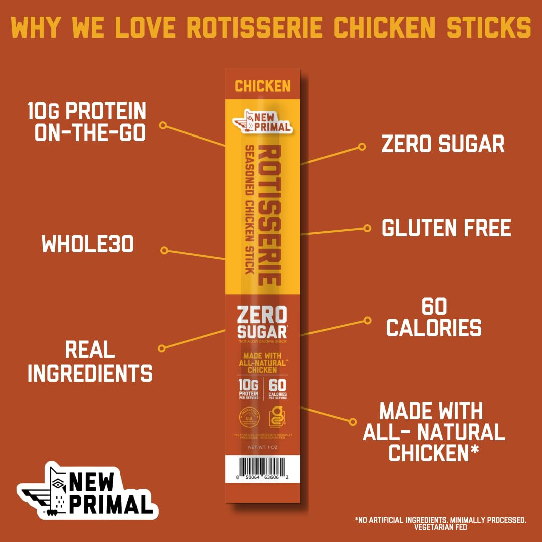 New Primal Rotisserie Chicken Sticks, Zero Sugar High Protein Snack, Gluten Free
