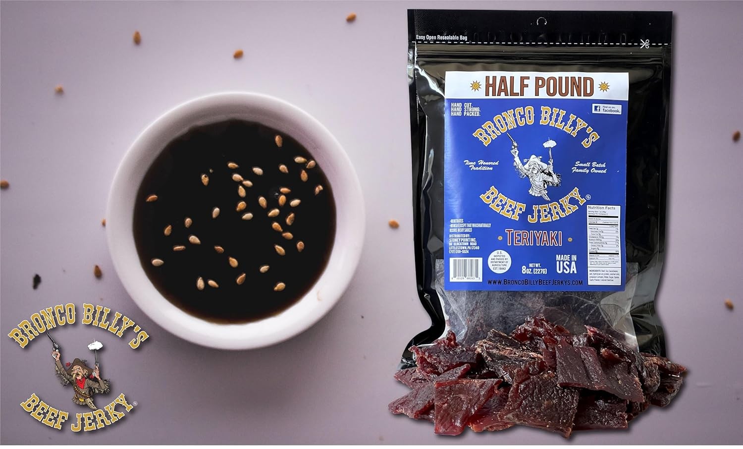 Bronco Billy’s Beef Jerky Teriyaki Half Pound Resealable 8 Ounce (Pack of 1)