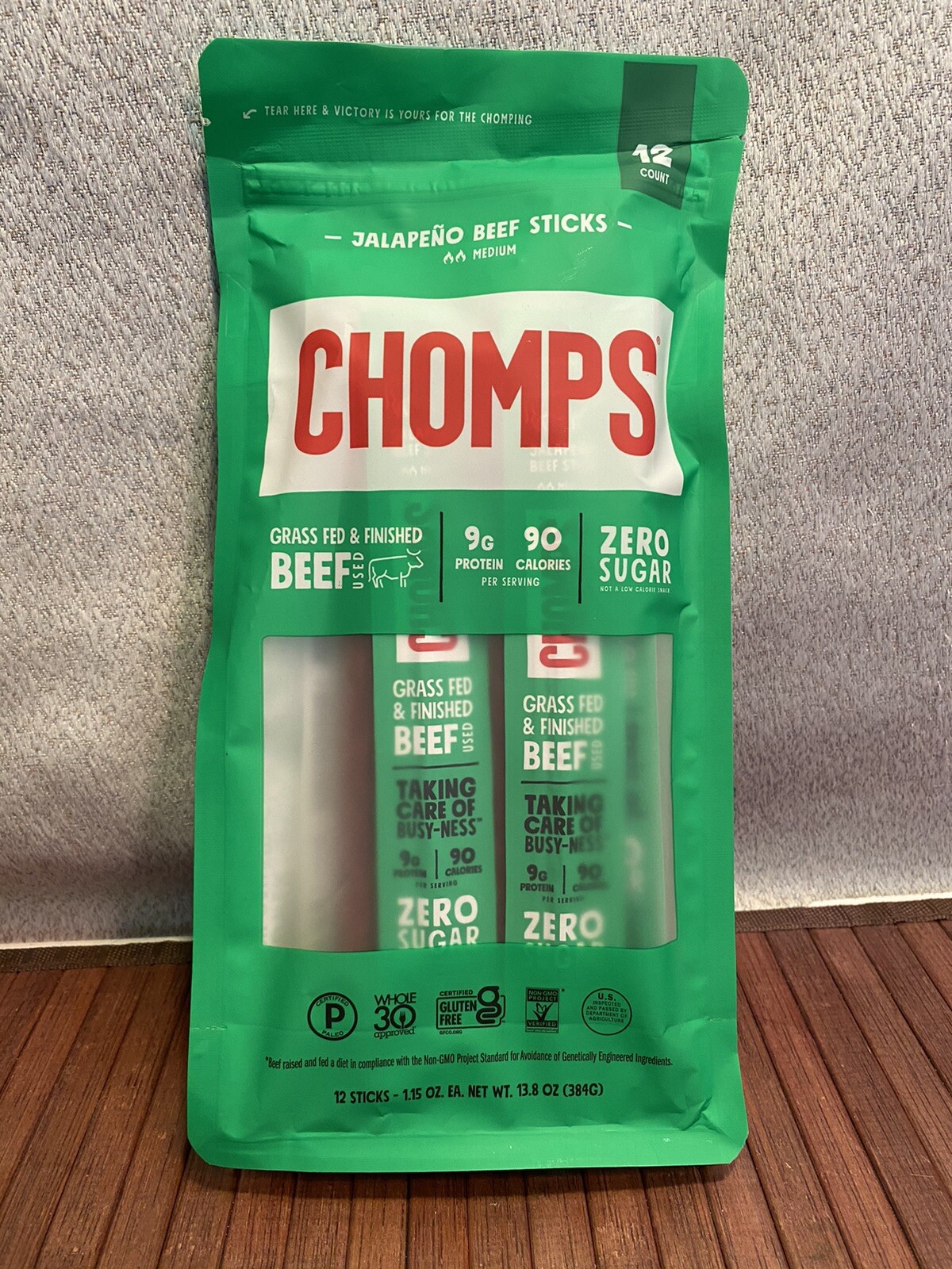 Chomps Jalapeño Beef Sticks, Medium. 12 Sticks 1.15oz, 13.8oz Whole Bag