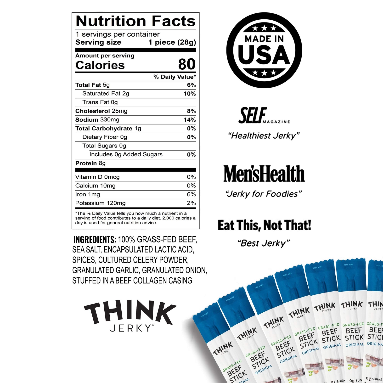 Think Jerky, Original Grass-Fed Beef Sticks (1.0 Ounce Sticks, Pack of 10