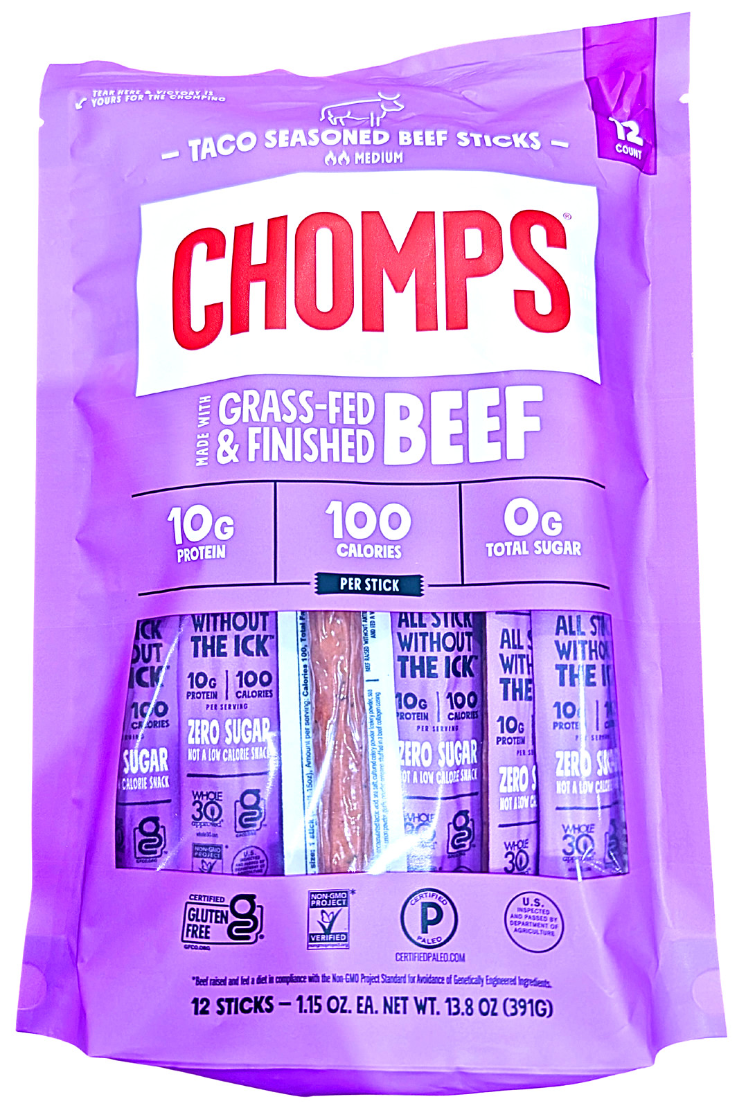 Chomps Taco Seasoned Grass-Fed Beef Sticks 12 Pack x 1.15 Oz EXP 02/2027