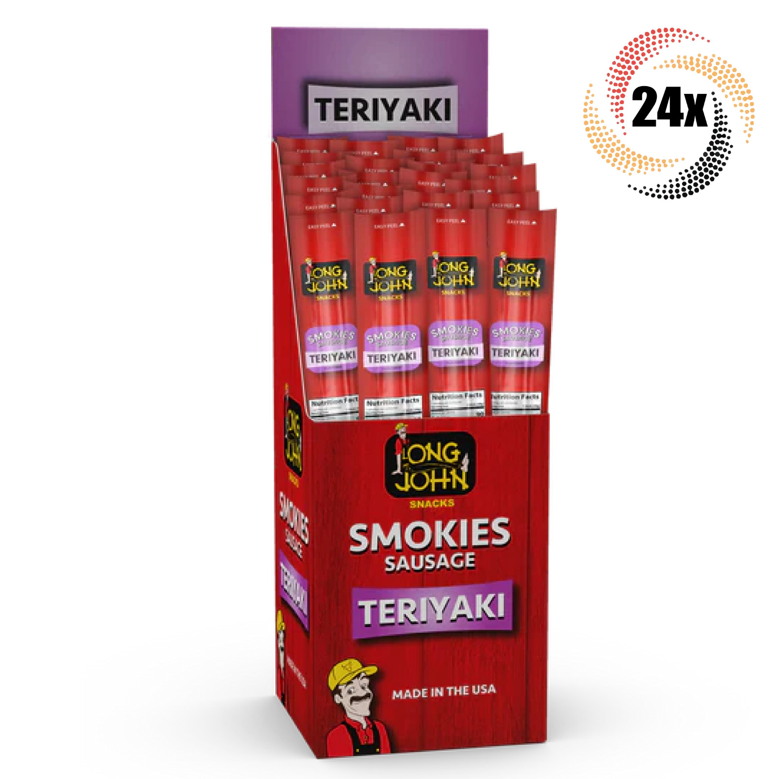 Full Box 24x Sticks Long John Smokies Teriyaki Smoked Pickled Sausage | 1.2oz