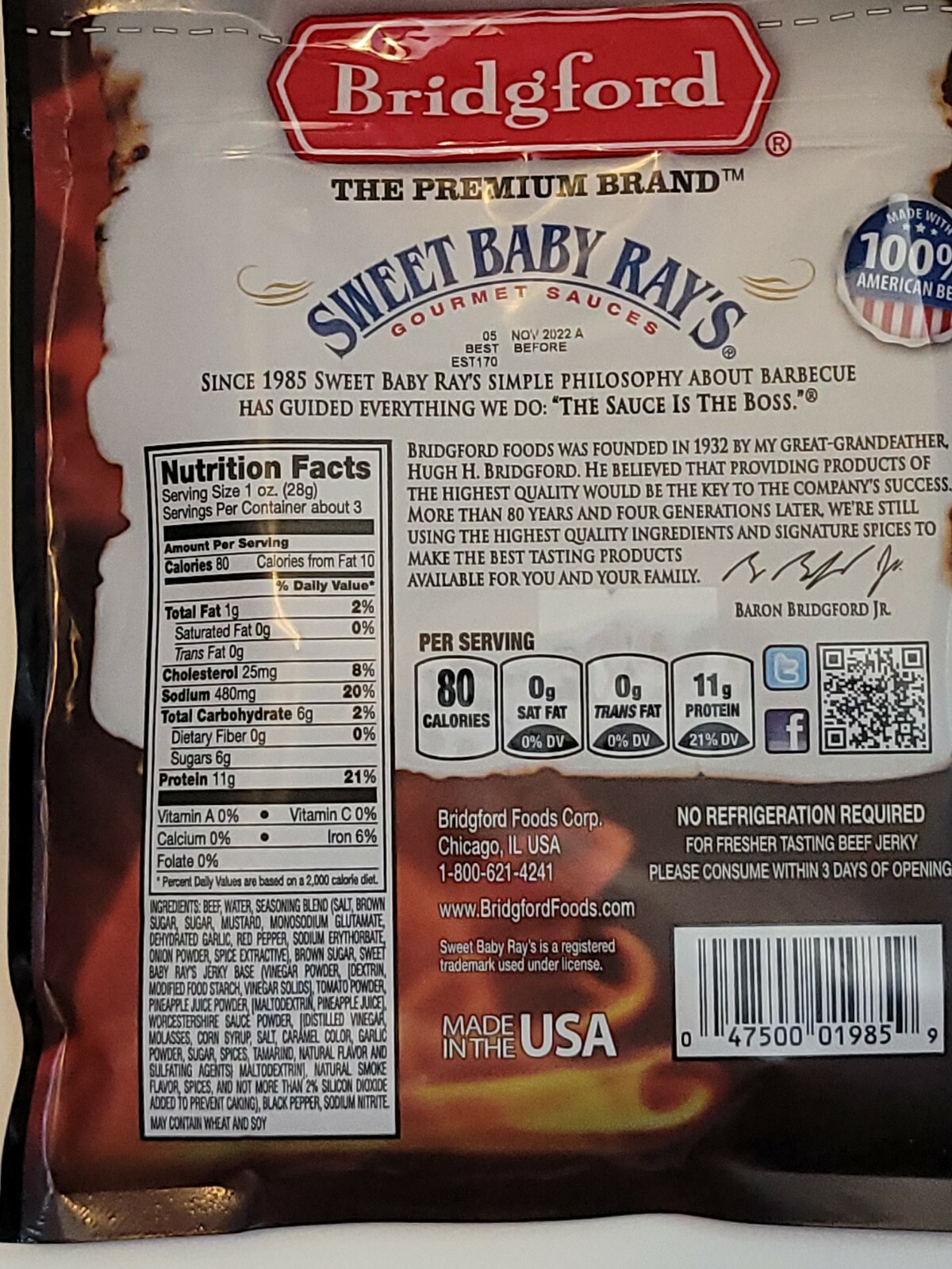Bridgford Sweet Baby Ray’s Beef Jerky Peppered 2.85 oz Bag