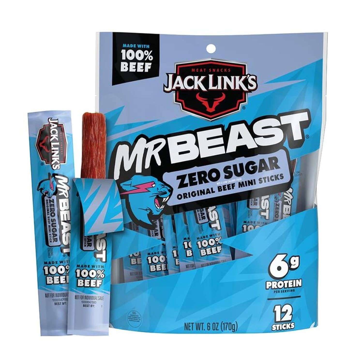 Jack Link’s x MrBeast Zero Sugar Original Mini Beef Jerky Sticks, 12 Pack, 6g Pr