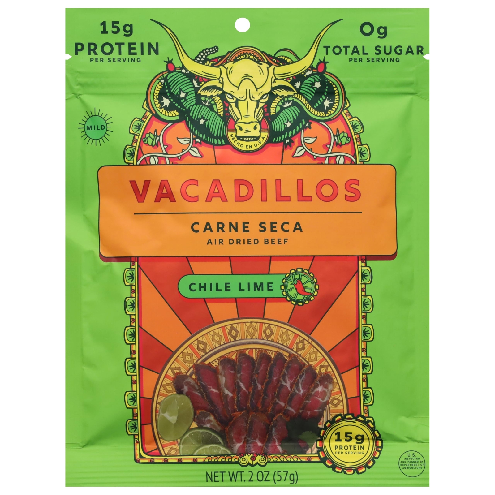 Vacadillos Air Dried Beef Jerky Chile Lime Pack of 3 0.67 Ounce Each
