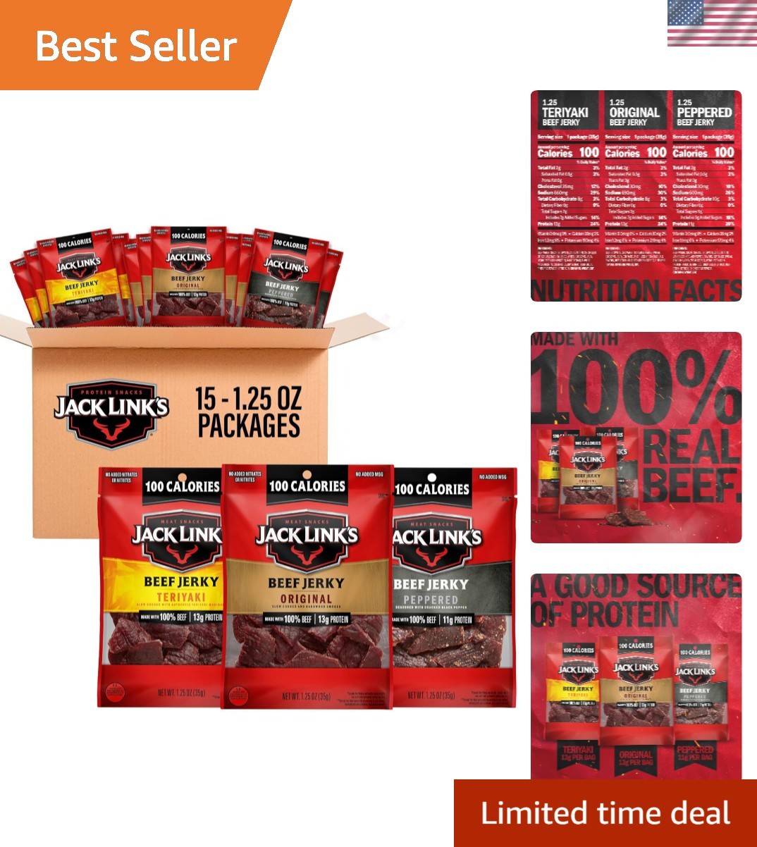 Real Beef Jerky Variety Pack – 15 x 1.25 oz Bags, Ready-to-Eat Protein Snacks