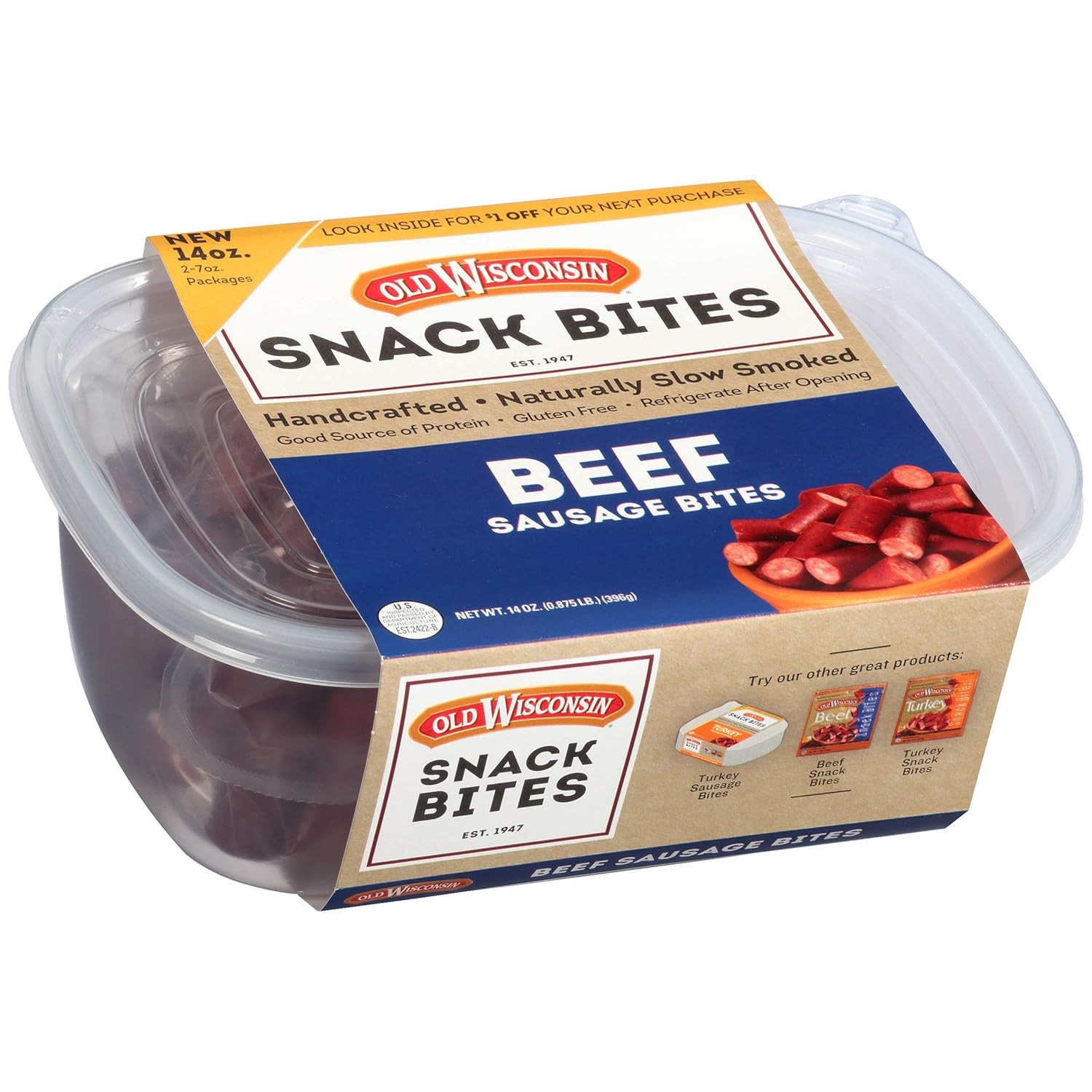 Old Wisconsin Beef Sausage Snack Bites, Naturally Smoked, Ready to Eat, High Pro